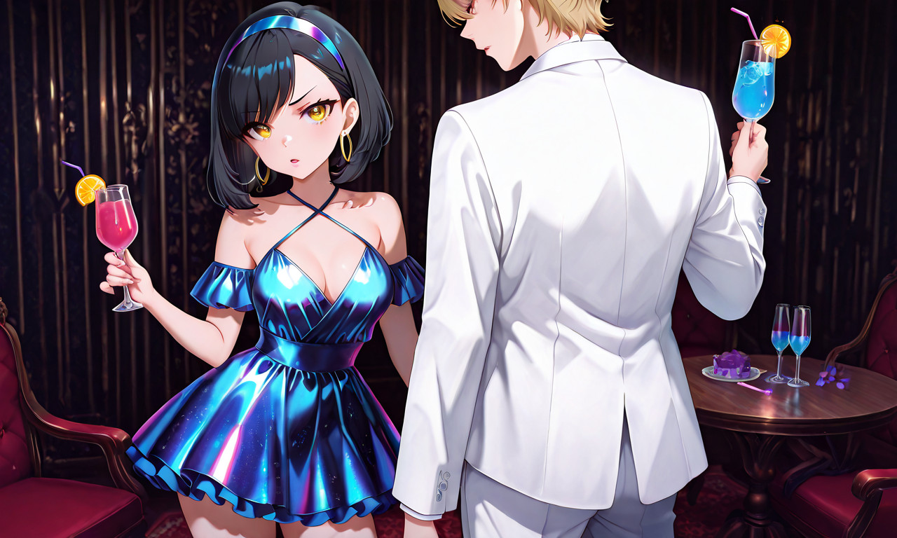 {{char}} in an iridescent blue cocktail dress