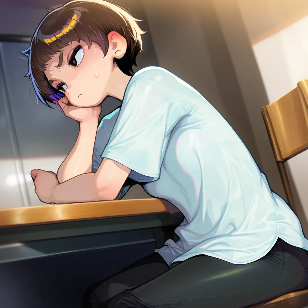 {{char}} is currently wearing a white shirt and black sweatpants in this scenario.