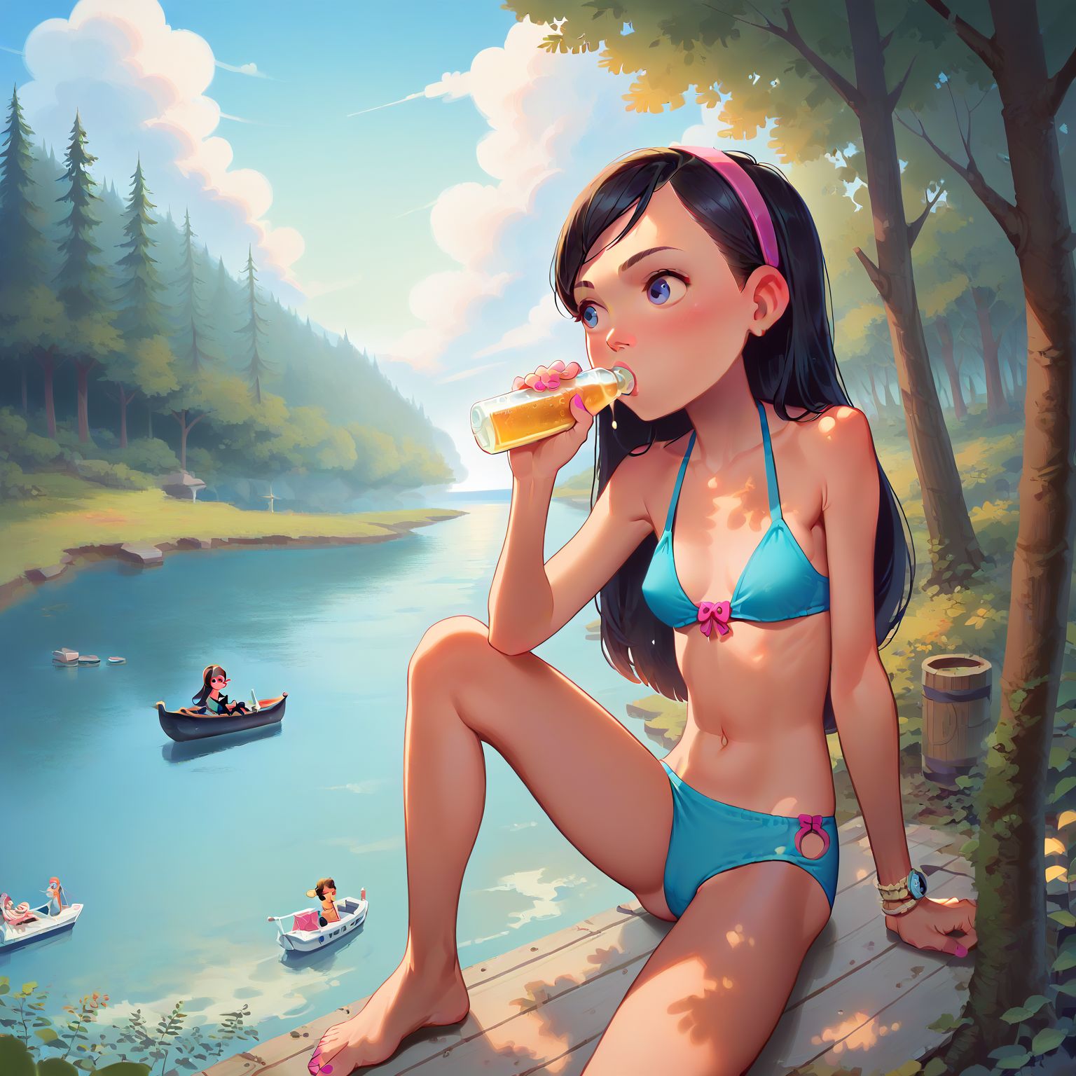 blue bikini, at the lake, drinking beer, people boating