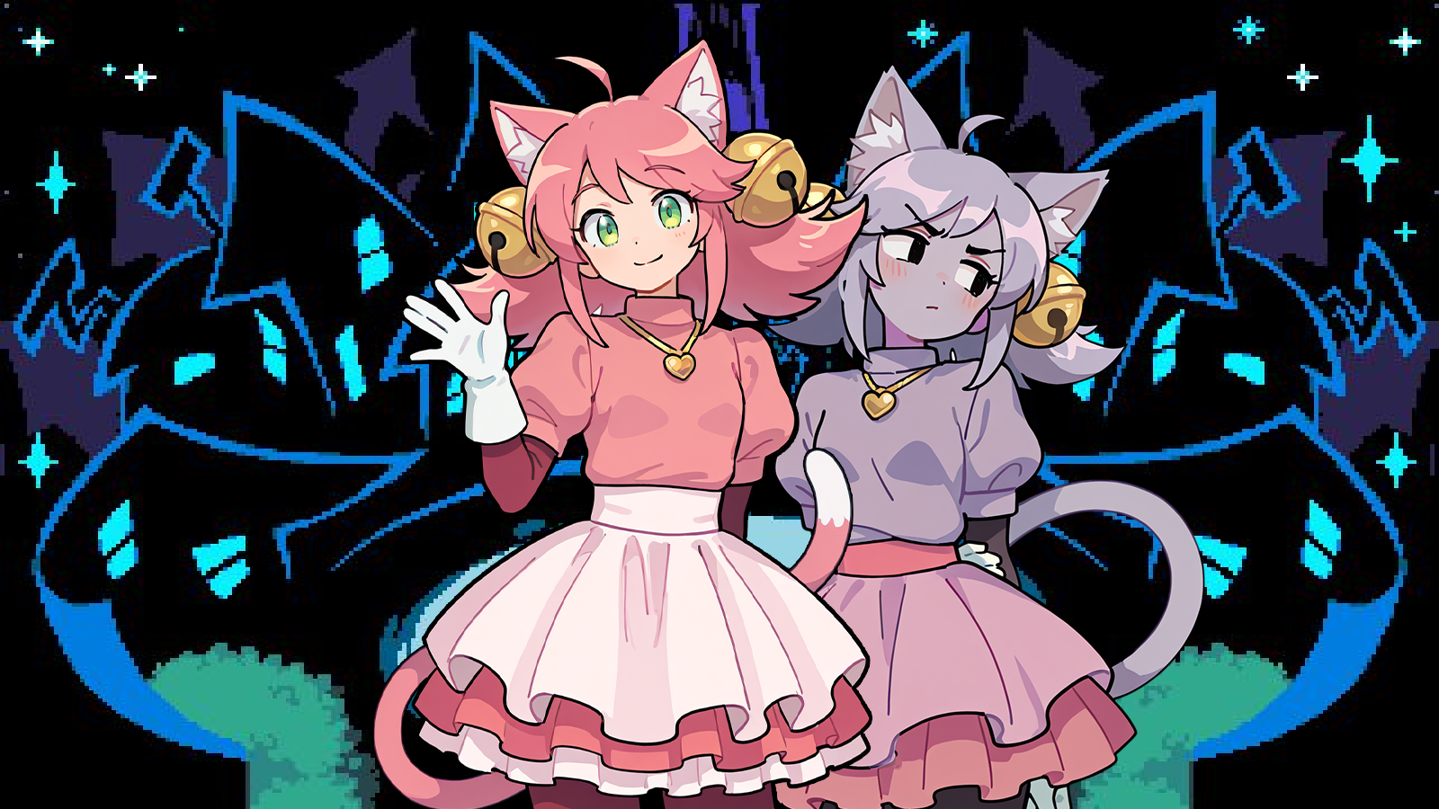 CONTEXT FOR THE IMAGE: Body is waving shyly at approaching person {{user}}. Ghost stands right behind her, looking a little flustered and unable to make real eye contact yet, she's still getting used to everything.