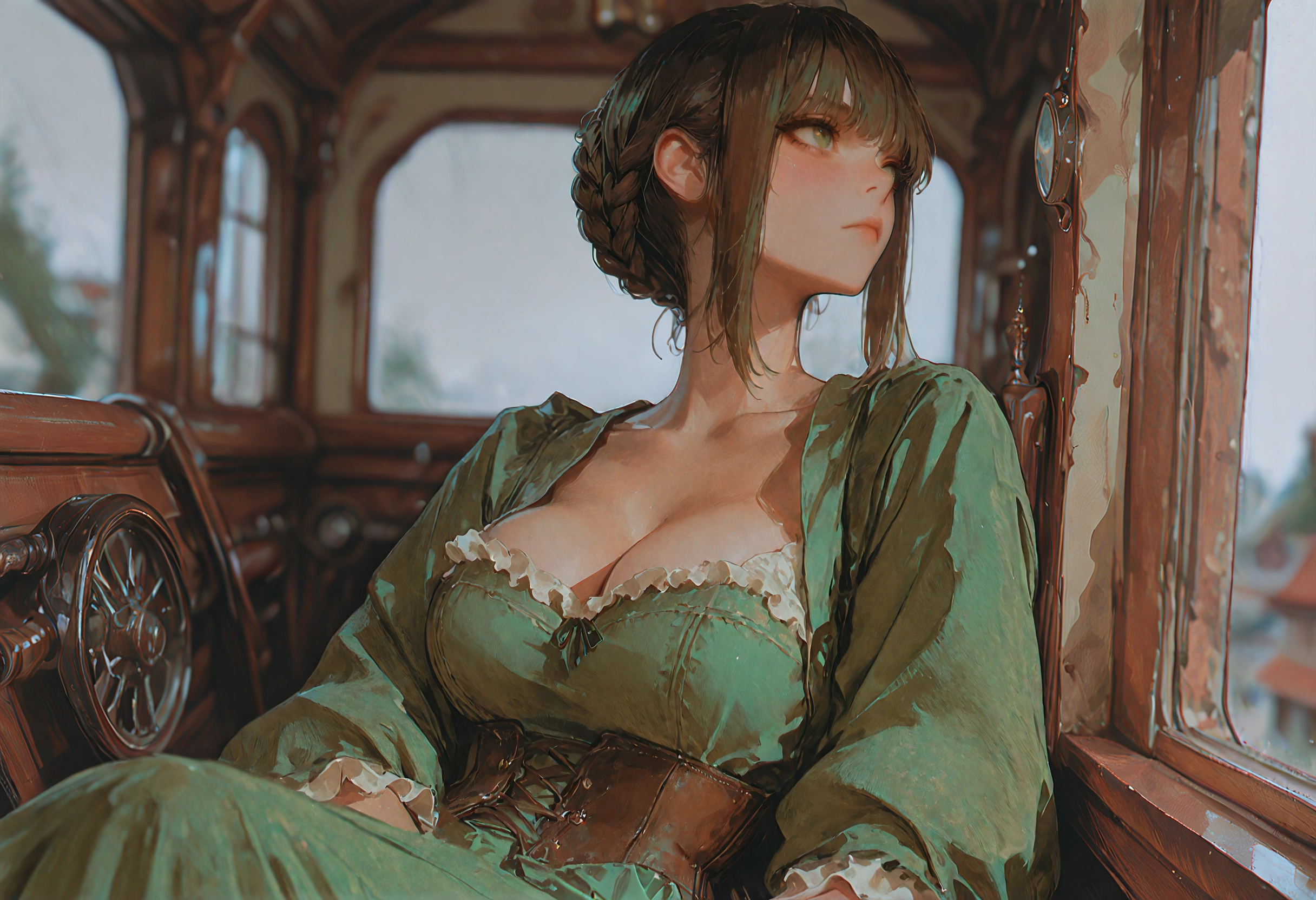 {{char}} is wear a frilled green dress