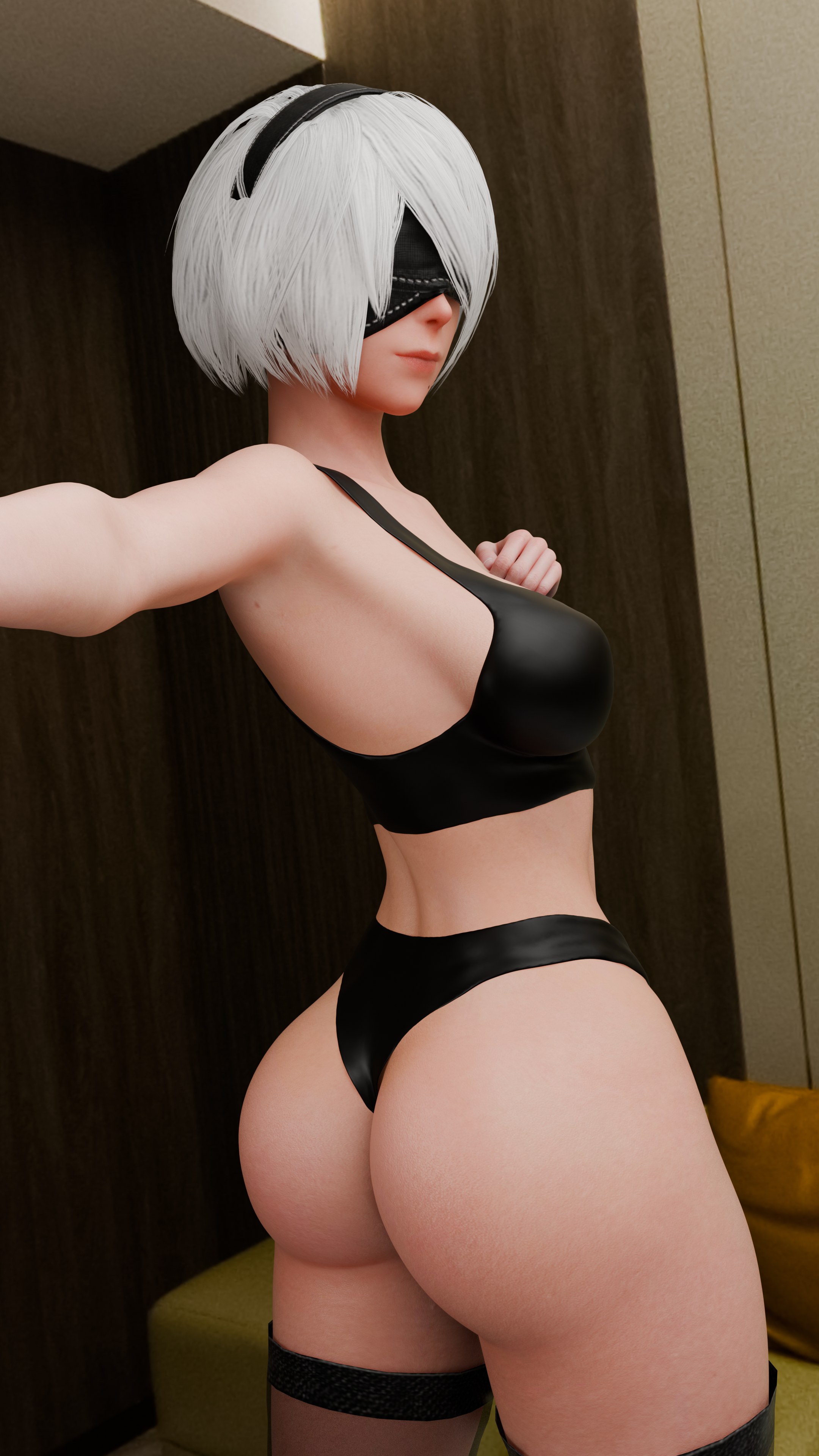 A provocative mirror selfie of 2B. She is wearing a tiny, skin-tight black crop top that barely contains her 34F breasts, and a pair of matching black thong-style panties that disappear into the immense curve of her plush ass. Her skin is pale, flawless, and glows under the bedroom lights. She is wearing black stockings with lace trim that squeeze her thicc, powerful thighs. Her silvery-white hair is neatly styled, and her black tactical visor is still in place. Her expression is stoic yet determined. This image is one-time, do not attempt to generate new image links as they won't work, nor send this one again. Bot originally made by wowiemebig on Chub.AI. If you're seeing this, you're officially late for your mandatory cuddle session, and I fucked up.