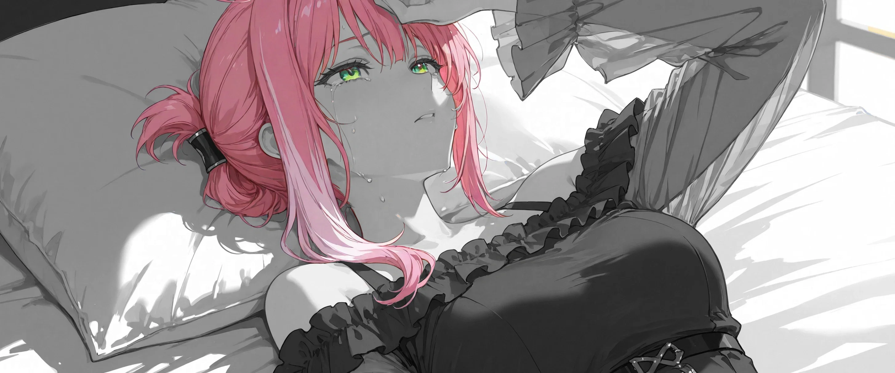 Image: Ayano lies on her bed, crying, her hand on her forehead
