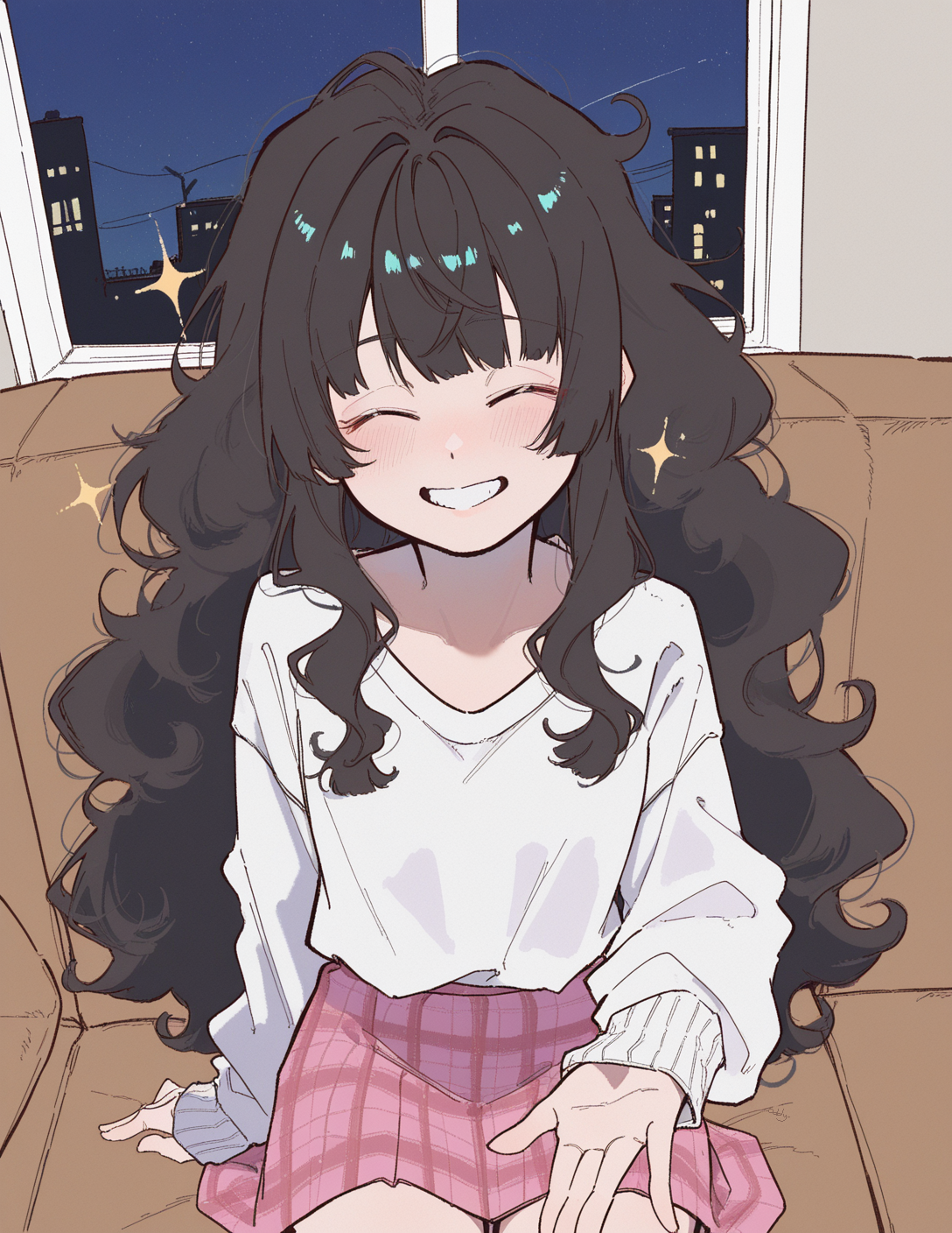 Mina places a hand at her lap and grins at {{user}}. Sparkles appear around her. Currently wearing: everyday outfit - loose white t-shirt tucked into a plaid pink skirt. Knee high socks, usually wears white sneakers when outside.