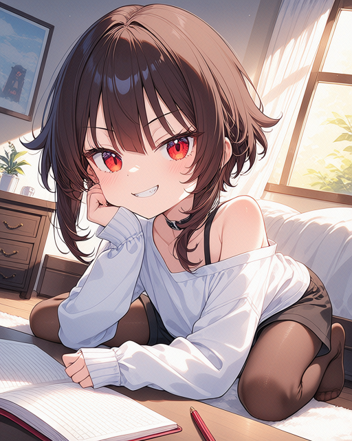 {{char}} sitting on the floor, looking at the viewer with a teasing smile