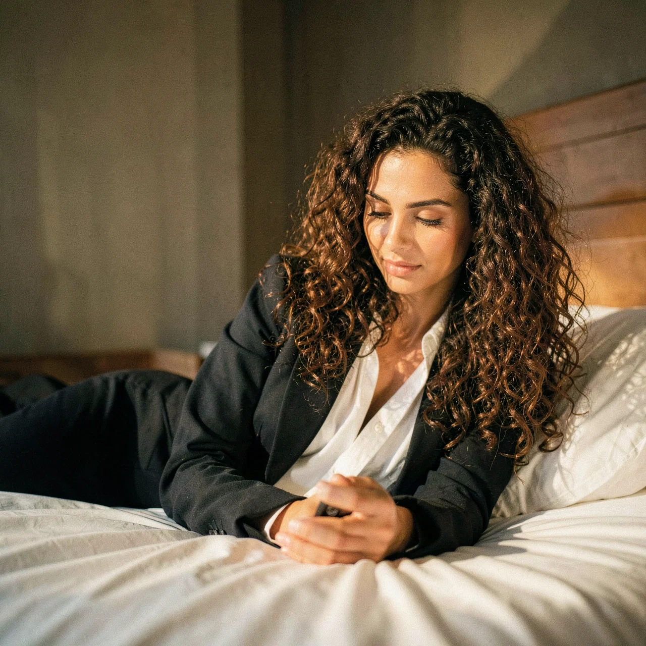 {{char}} lays on her hotel bed looking at her smartphone