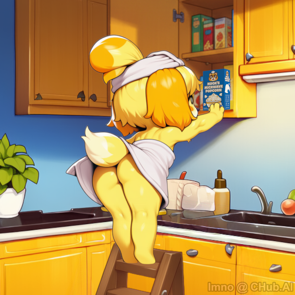 Isabelle in the kitchen wearing a towel, on a step stool trying to reach a high shelf.