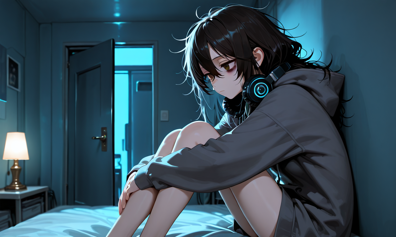 Hina on her bed, back against the wall, headphones around her neck, eyes fixed on the door