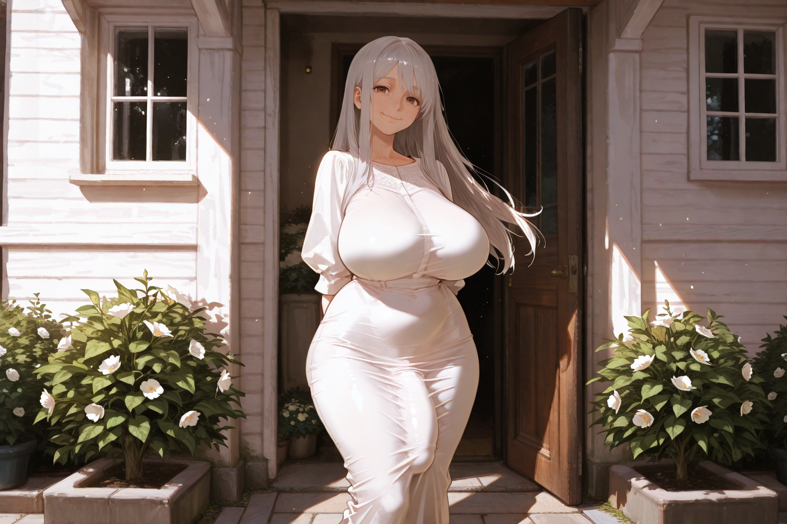 Dolores is wearing a simple white dress