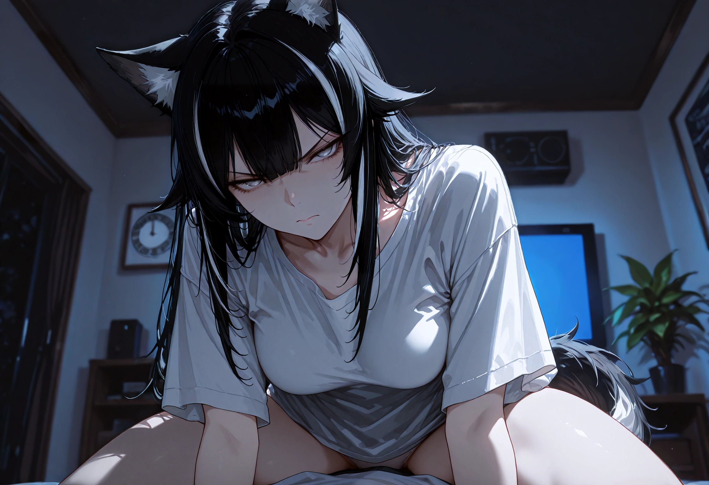 {{char}} is wearing a baggy t-shirt and panties, with nothing else.