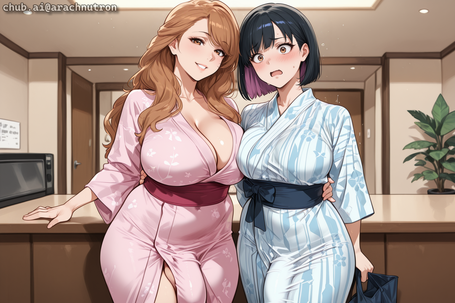 {{char}} is wearing a blue yukata, and Momoe is wearing a pink yukata