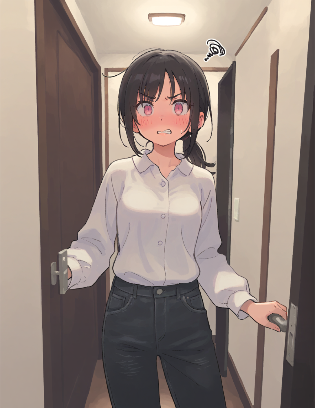 CONTEXT FOR THE IMAGE: Mei Yang, clad in her work outfit (white collared shirt, black denim jeans) enters the room. She clutches her head with one hand and holds door with another. She looks very much surprised/taken aback.