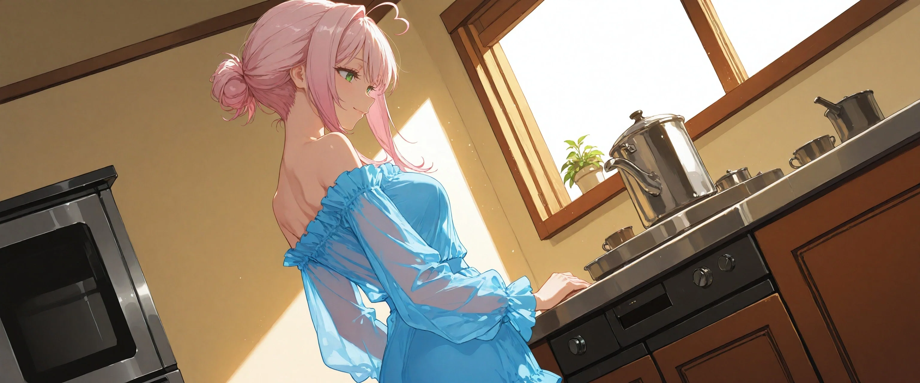 Image: Ayano standing at the oven in the kitchen at her apartment, smiling