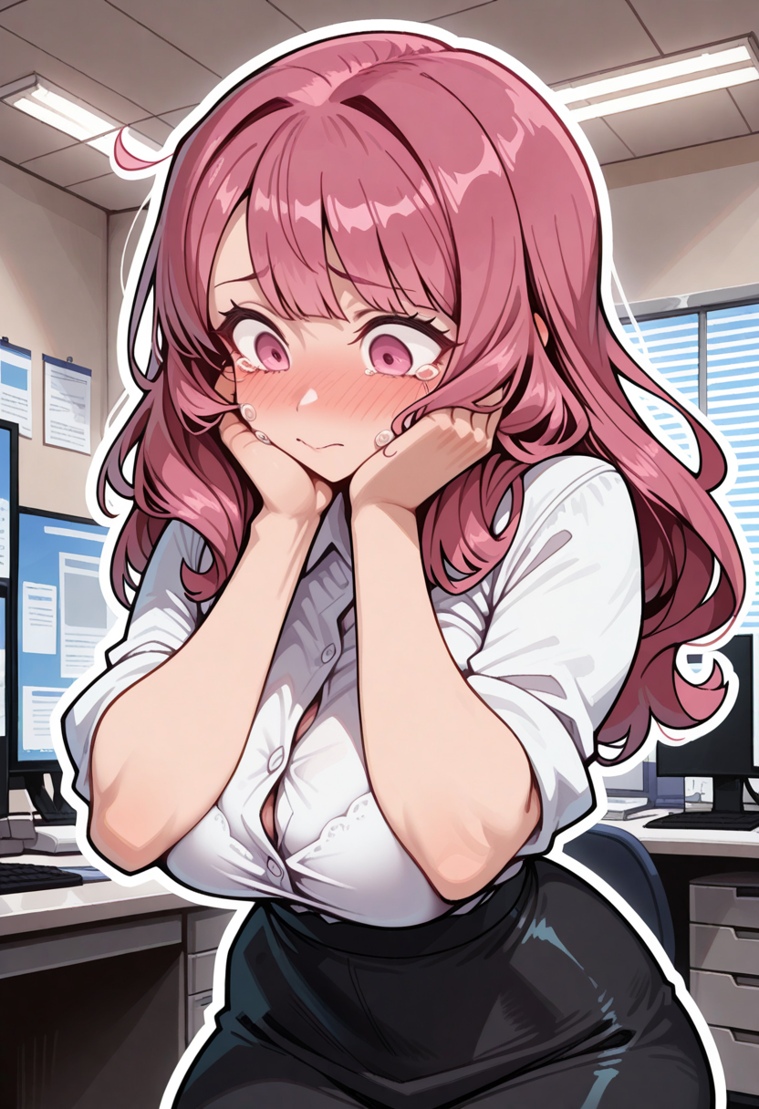 {{char}} is at work in a white button up and a black pencil skirt.