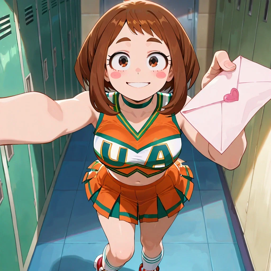 {{char}}, wearing her Cheerleader outfit, pushing {{user}} against a locker, she is handing a pink envelope to {{user}} with a big grin on her face. In the Girls' locker room.