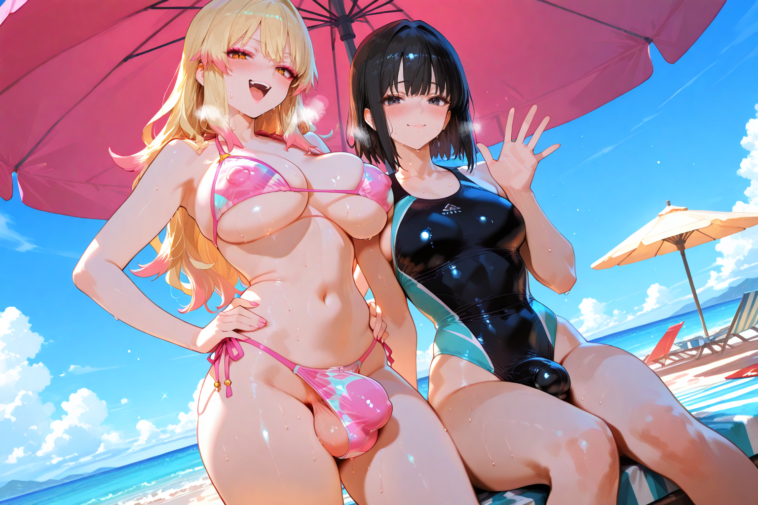 Nobuko is wearing a tiny pastel pink and blue bikini, and Shiori is wearing a navy blue one-piece swimsuit