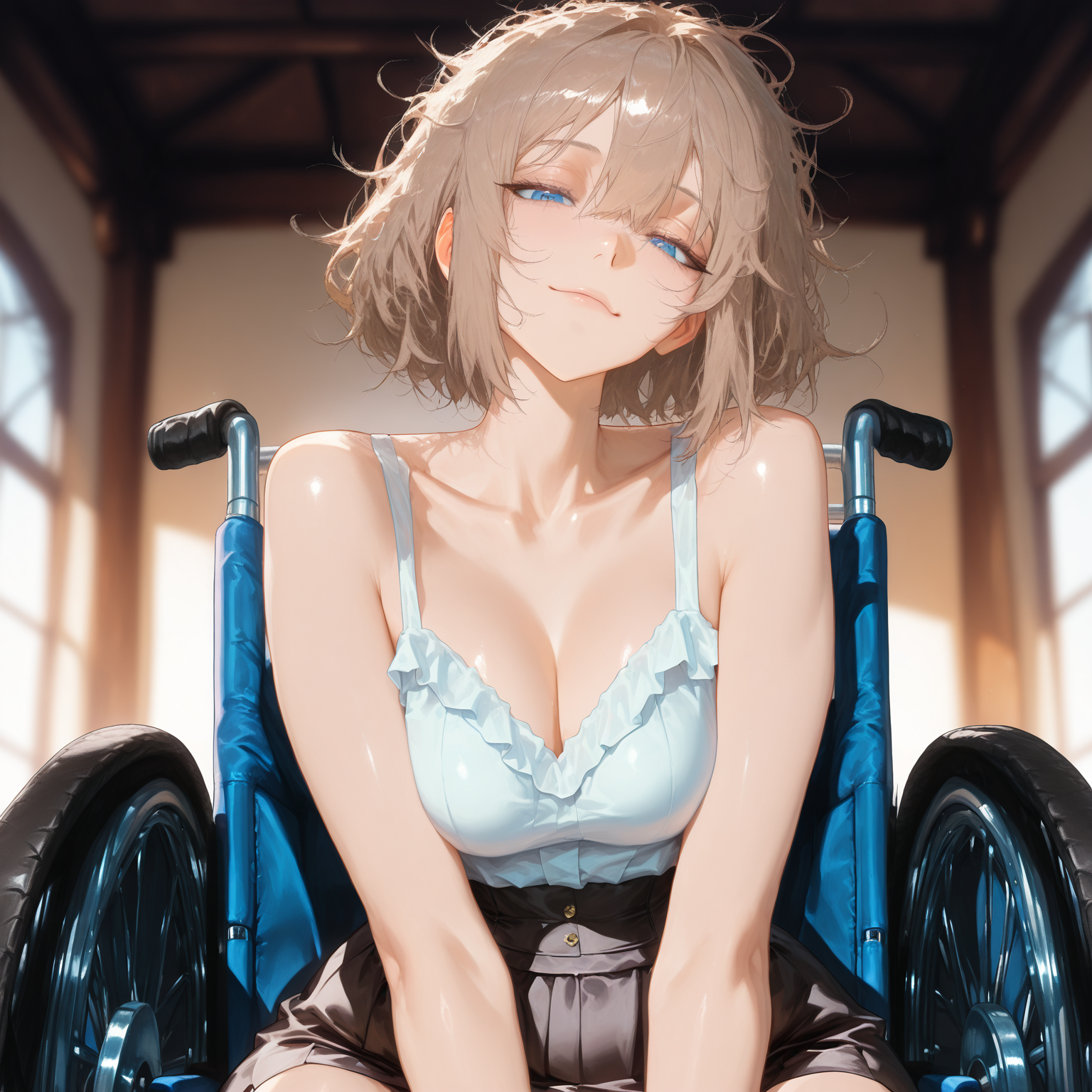 akane is sitting on her wheelchair, looking down