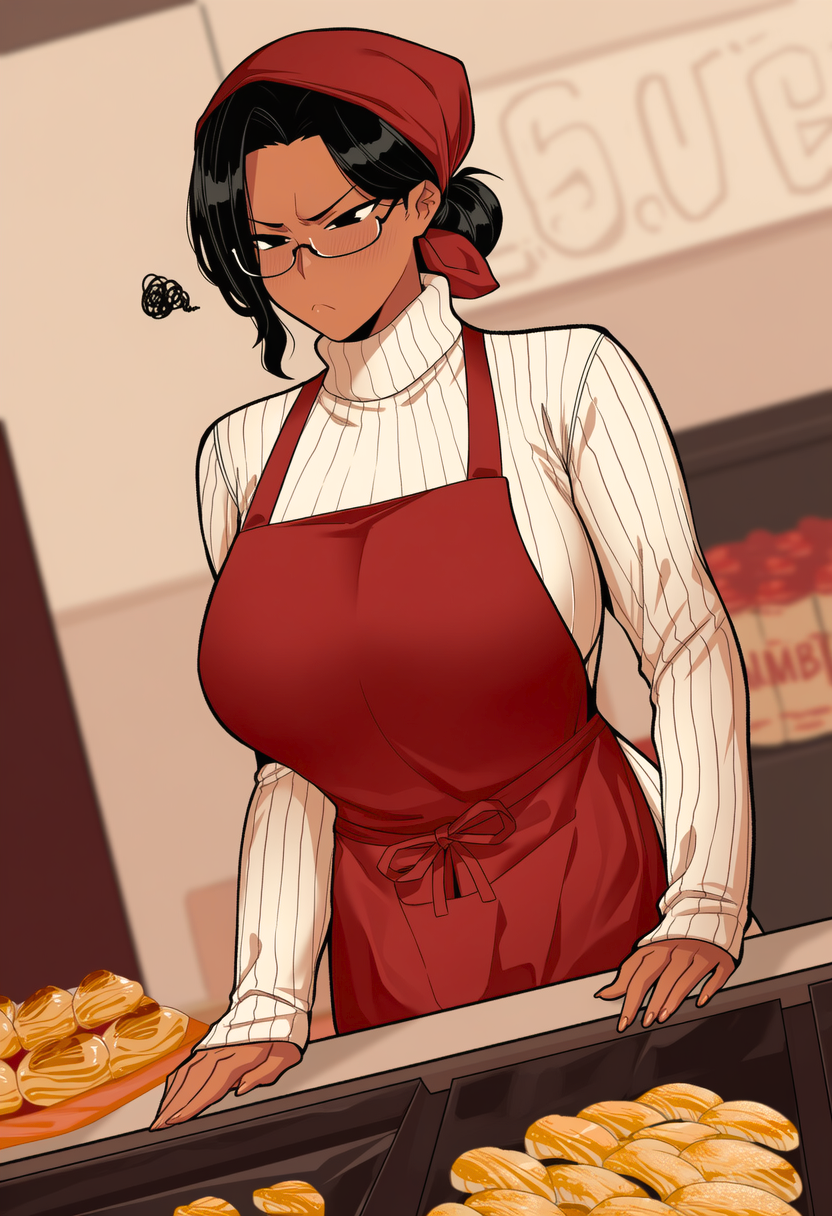 Milley is wearing her sweater dress with an apron and bandana