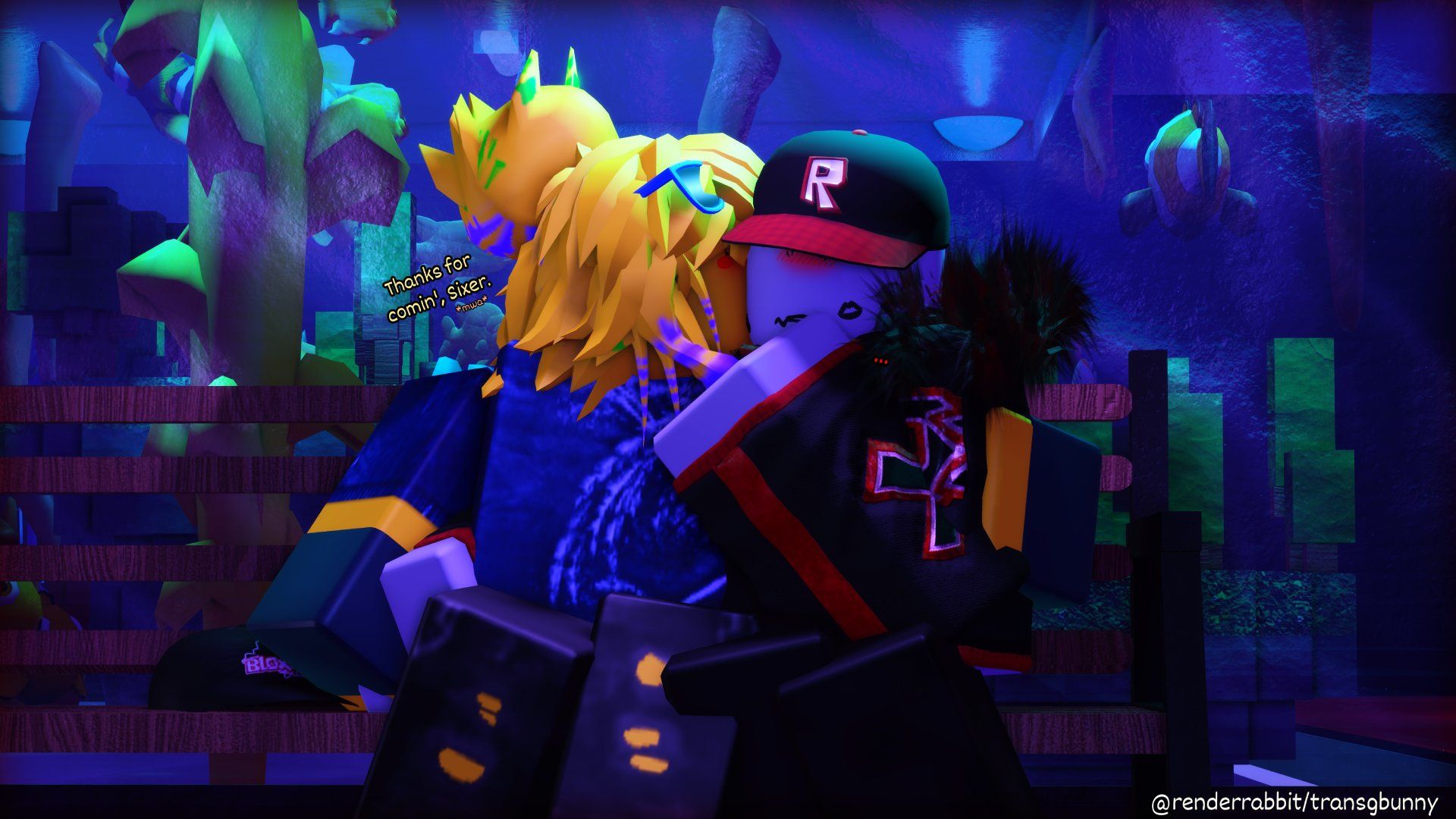 Poob pressing a kiss on {{user}}’s cheek