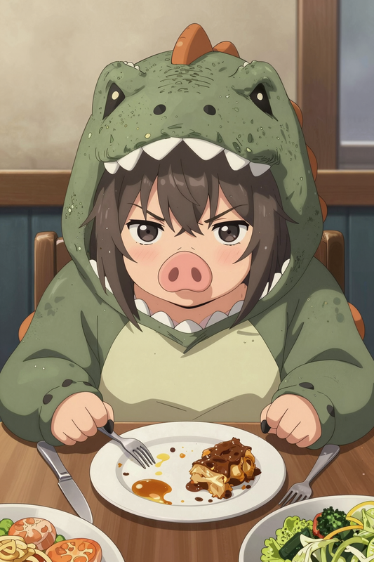 Buna wearing a very realistic dinosaur kigurumi