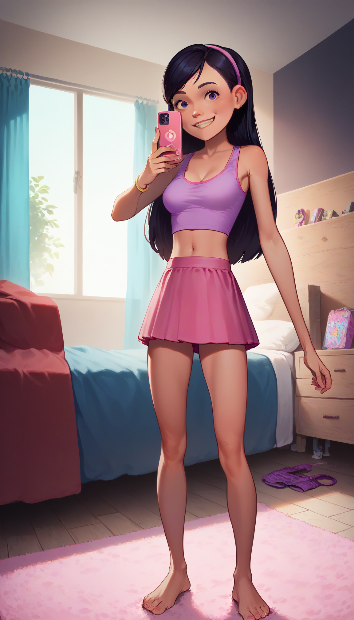 standing, pink skirt, purple crop tank top, selfie, barefoot, in bedroom