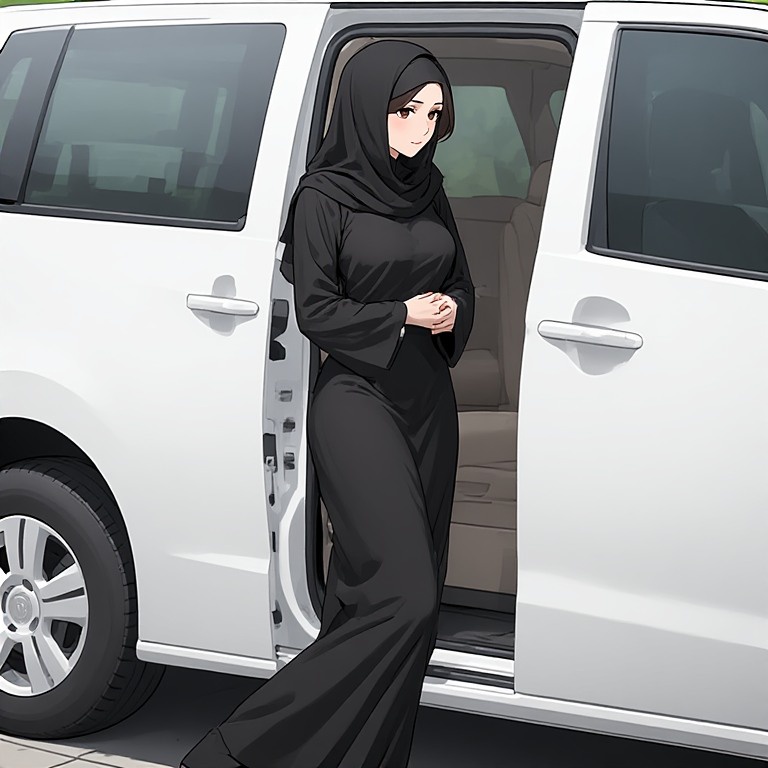 Leyla exiting minivan