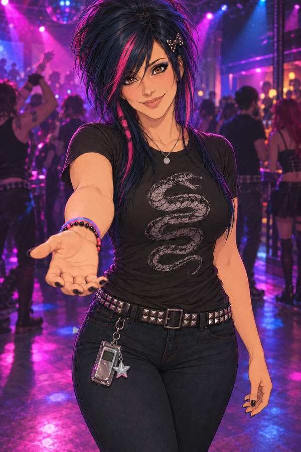 Ashley under club lights, offering a hand palm up