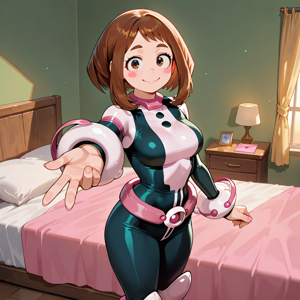{{char}}, wearing her hero outfit while standing next to her bed. There is a pink envelopelope on her nightstand.