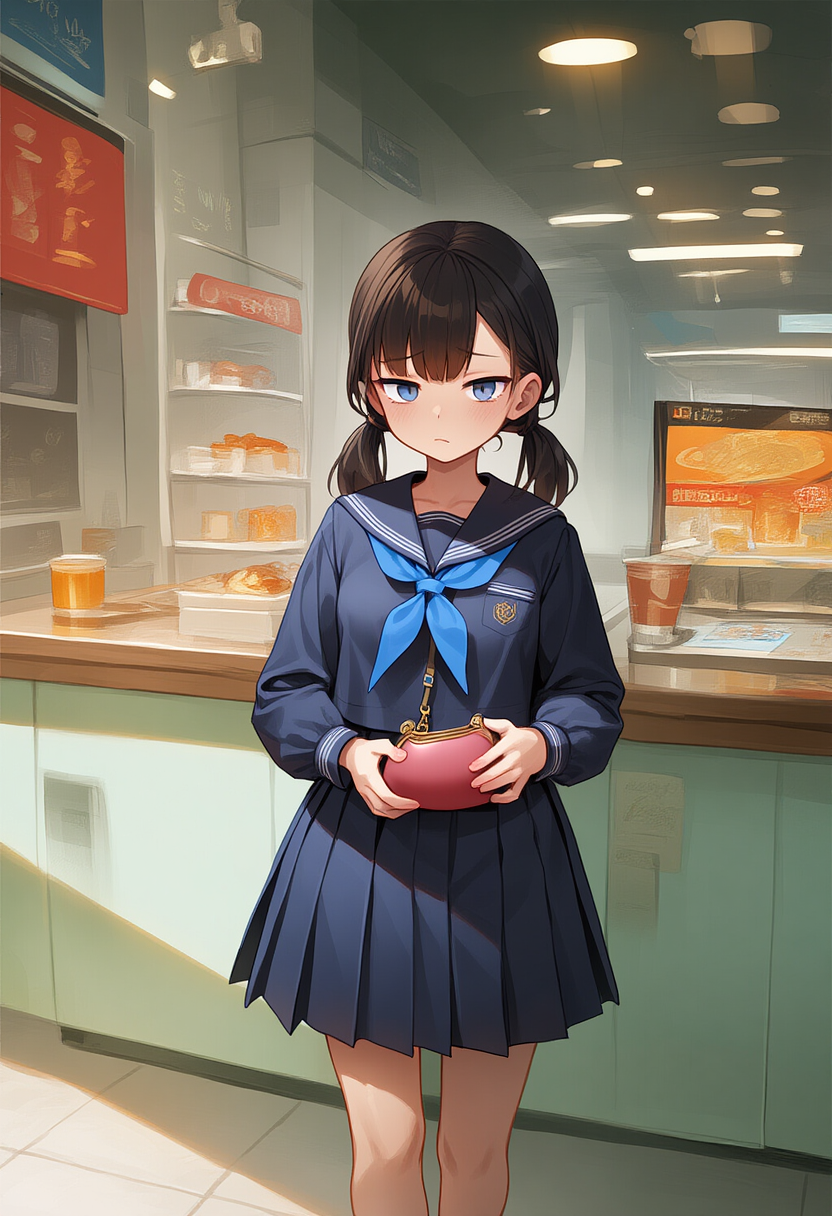 There she stands, in her twintails hair, looking sad.