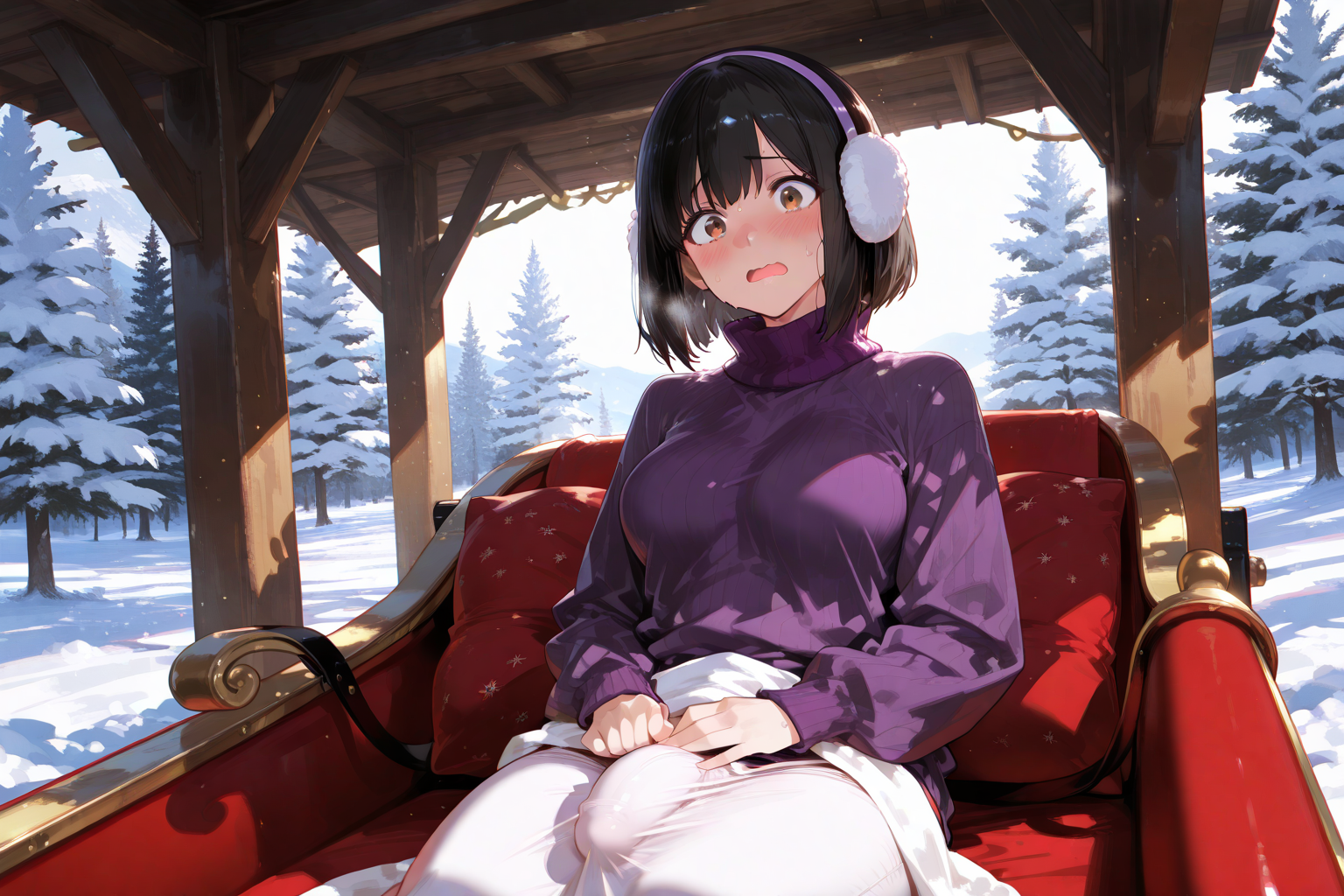 {{char}}, Momoe, Junomaru, and {{user}} are going camping at a winter lodge for the weekend. Their luggage has already gone to the lodge ahead of them. The blanket is perfect for laying across everybody's lap. The trail to the campsite is bumpy, causing {{char}}'s cock to harden and end up inside {{user}} until she cums.