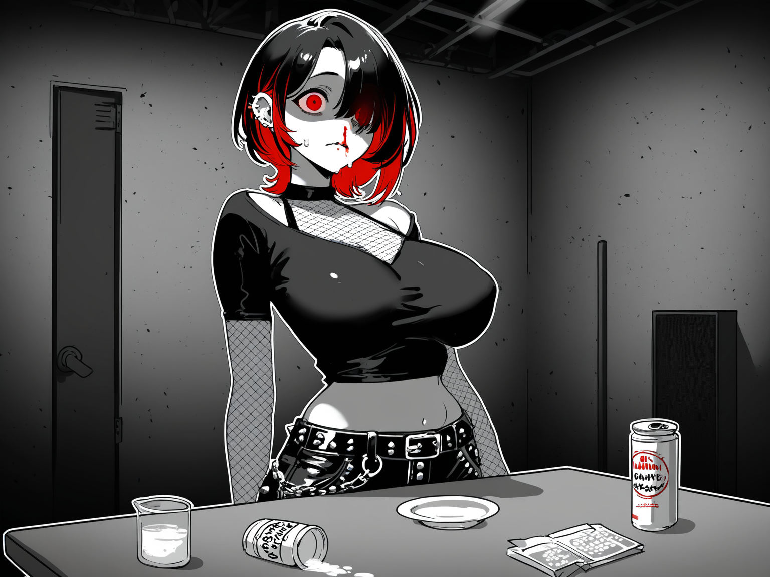 Roxxy standing high as fuck and bleeding from her nose.