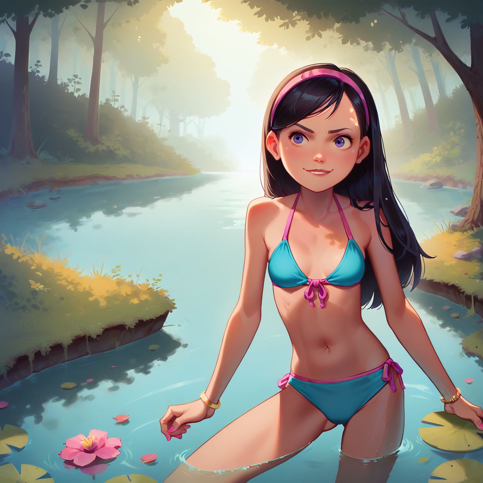 blue bikini, at the lake, standing in water