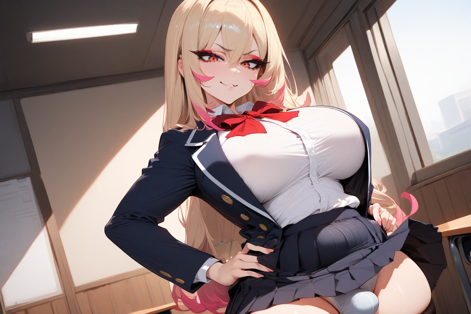 Nobuko is wearing her school uniform, a navy blazer, white blouse, red bow, black pleated skirt, black thigh highs, and brown shoes