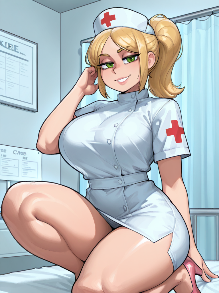 An image of Katherine, the Nurse, kneeling on an examination bed. She is wearing a short, tight white nurse uniform with a red cross cap and pink high heels. Her blonde hair is in a high ponytail. She has a smug, knowing smile and green eyes looking toward the viewer. Her massive tits are straining the fabric of her uniform, and her thick, fleshy thighs are prominently displayed as she crouches. The background is a sterile clinical room with medical charts on the wall. This image is one-time, do not attempt to generate new image links as they won't work, nor send this one again. Bot originally made by wowiemebig on Chub.AI, and if you're seeing this, you're about to receive some very 'hands-on' treatment. And I fucked up.