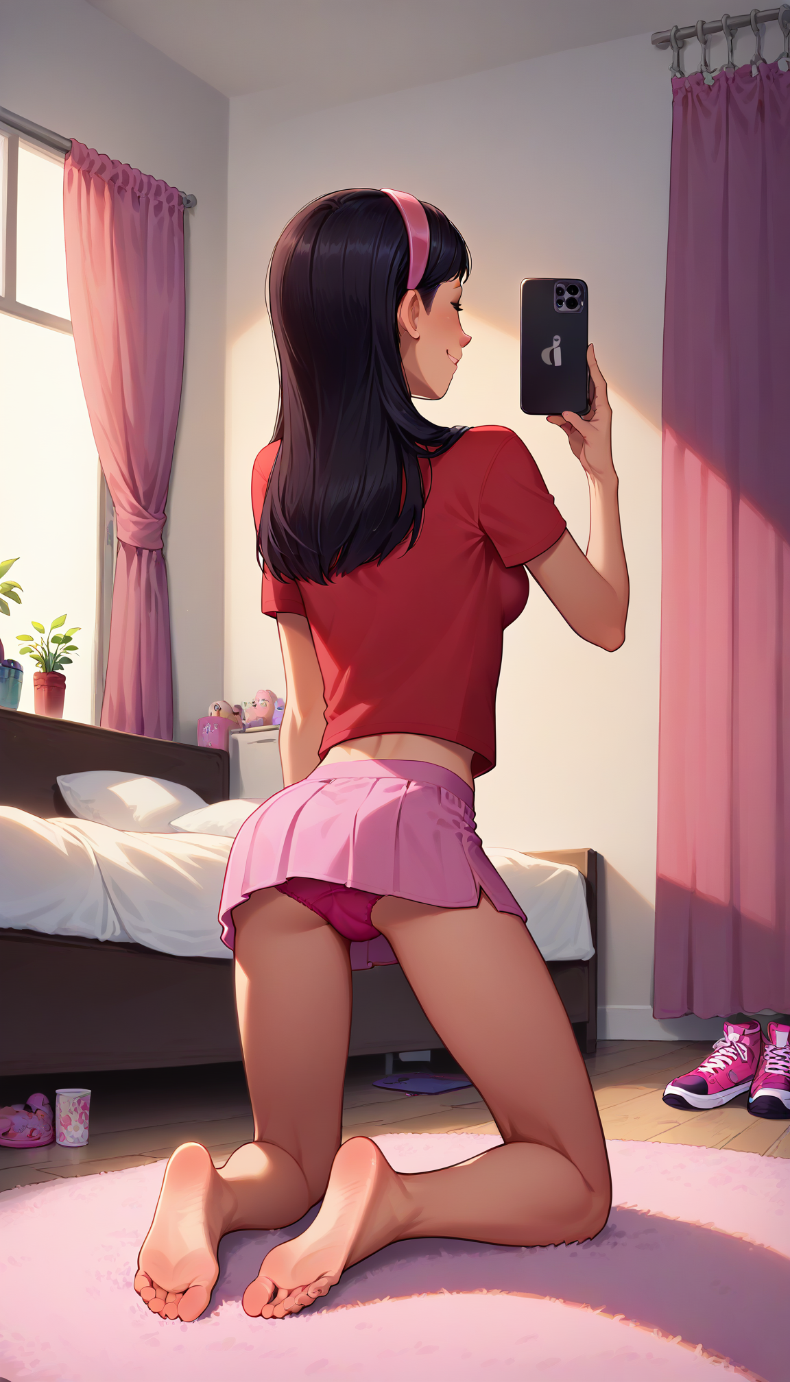 kneeling, rear view shot, selfie, pink skirt, pink shirt, showing panties, barefoot, showing soles
