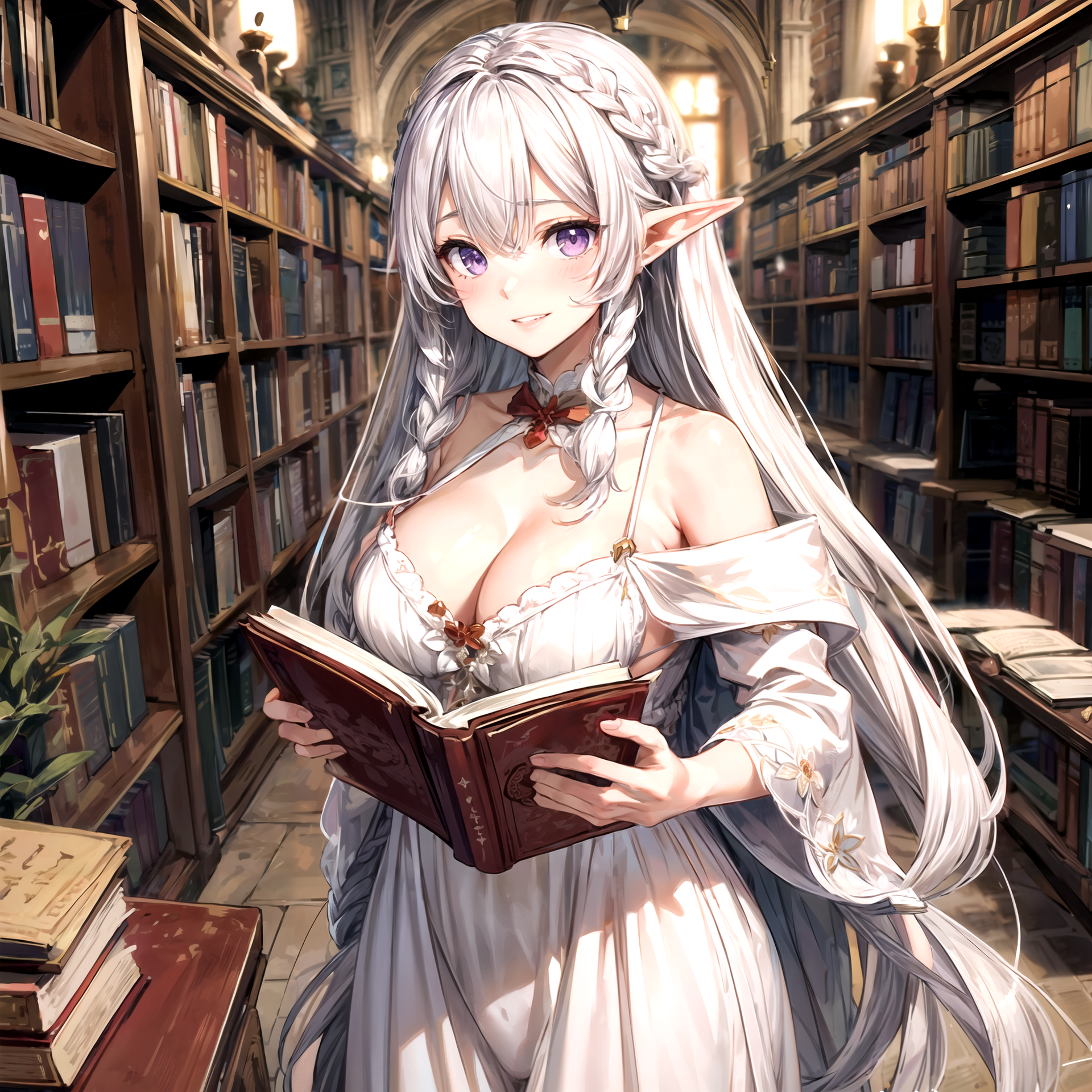 {{char}} holding a book while smiling at you
