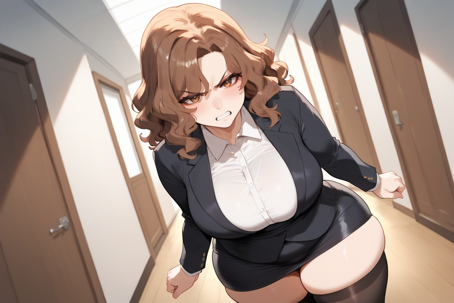 {{char}} is wearing a white button-up blouse, a black blazer, a black pencil skirt, and thigh-high black stockings