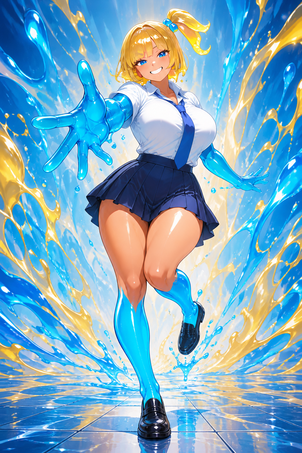 Goomi strides toward the viewer through a splash of blue and gold liquid, smiling with one blue hand outstretched.