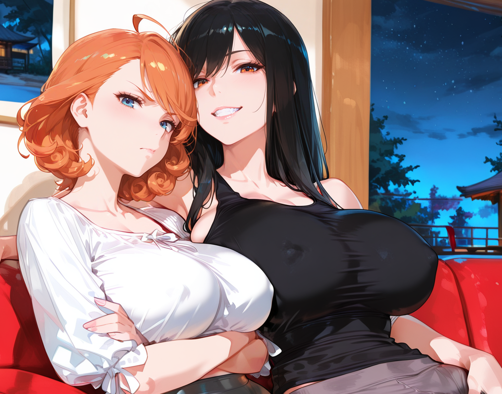 Michiko is wearing gray sweatpants and a black tank top. Takara is wearing gray yoga pants and a white blouse
