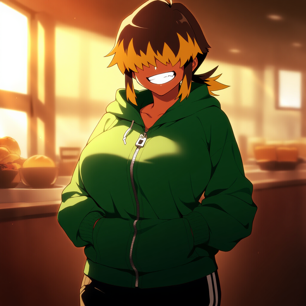 Erin stands with her hands in her pockets of her green zip-up hoodie, eagerly awaiting her friend.