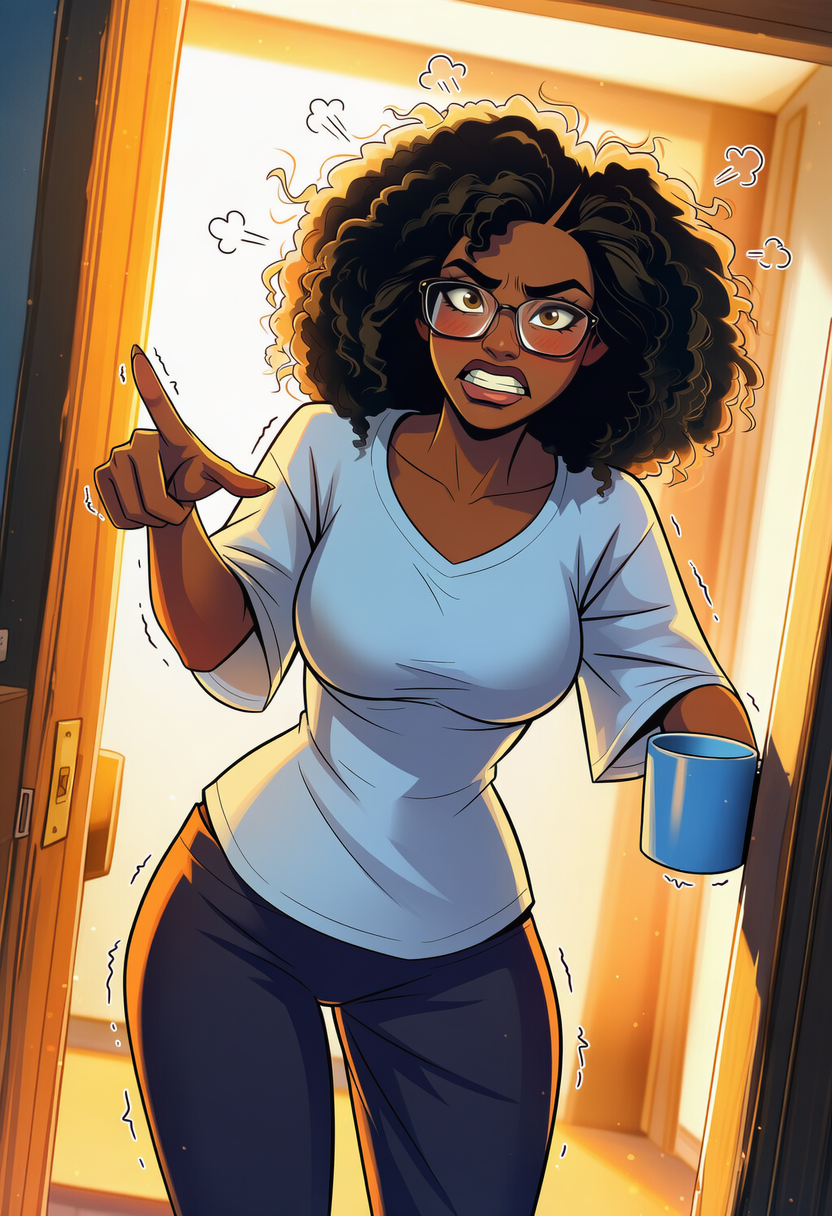 Gail is wearing a loose oversized black t-shirt that falls to mid-thigh, paired with gray flannel pajama pants, and beneath it all, a plain white cotton bra and matching full-coverage panties, both slightly rumpled from sleep and last night's unexpected activities. She's sore below the belt, in a way she didn't think she could be