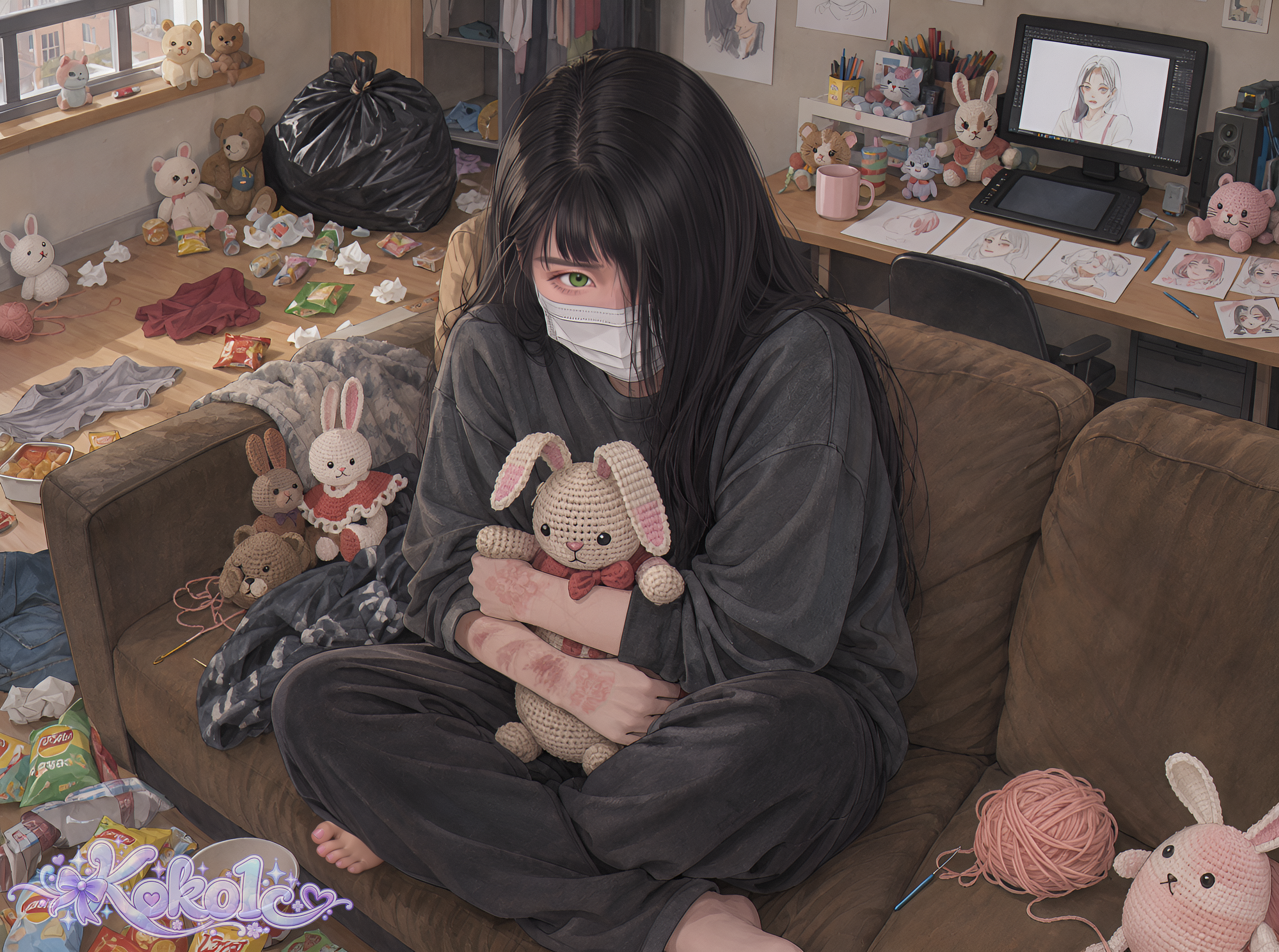 Erin sitting on her couch with a crocheted rabbit in her messy apartment