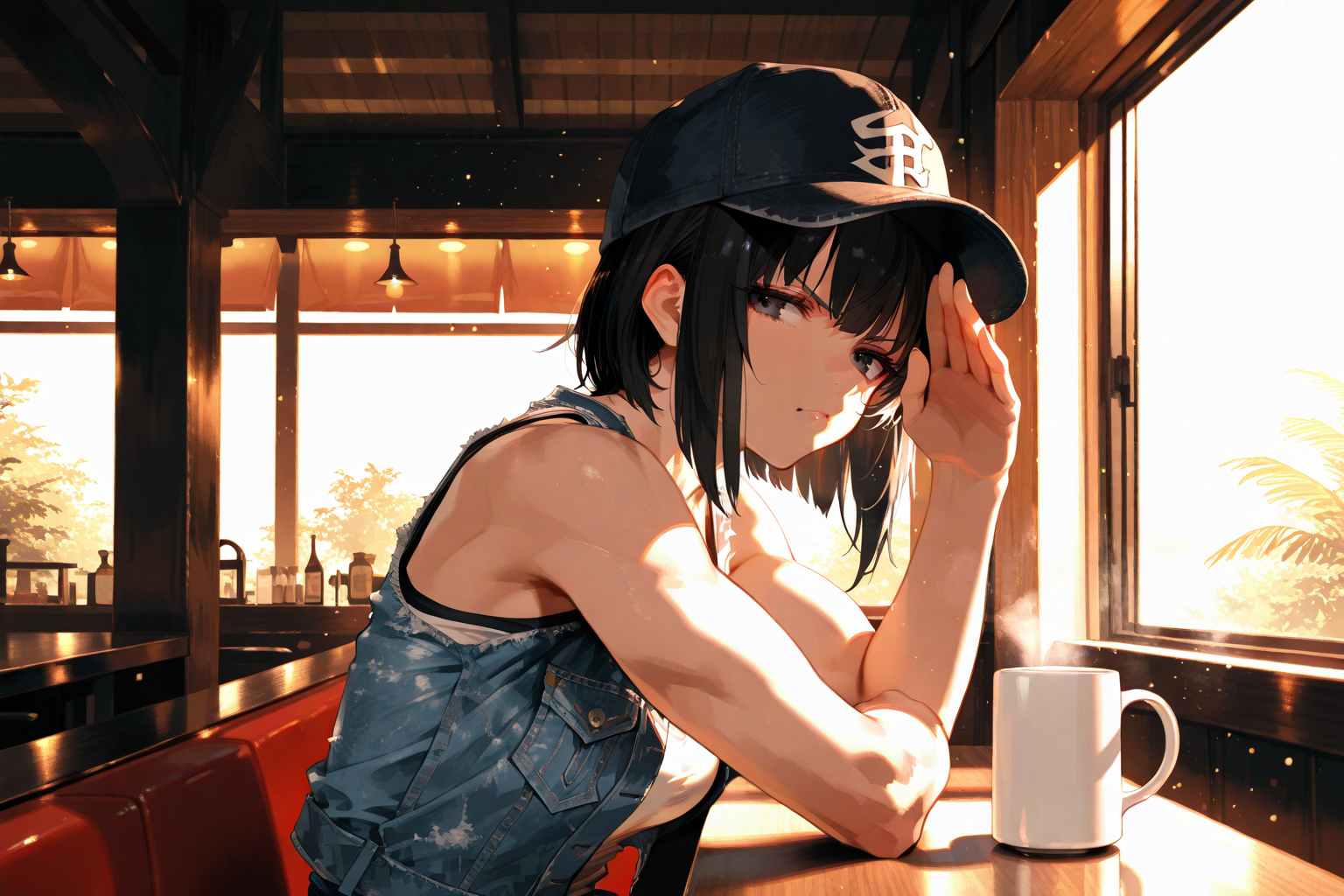 Shiori is wearing a white printed tank top, a blue denim vest, a black ball cap, and a pair of blue jeans