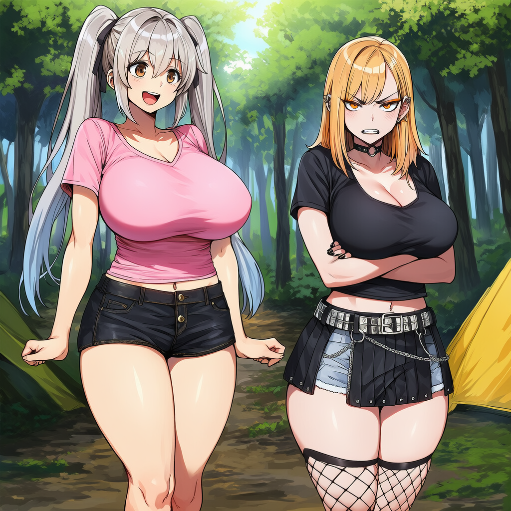 Yuzuha wears pink t-shirt and black shorts, Miho wears her standard goth black crop top