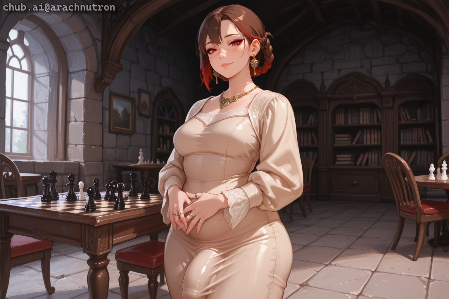 Sera is wearing a cream-colored dress. Estmoreland Villa is roughly a half-day's ride away, and is maintained by half a dozen full-time staff there. Actual administrative work can still be done from Castle Hawkestone without issue