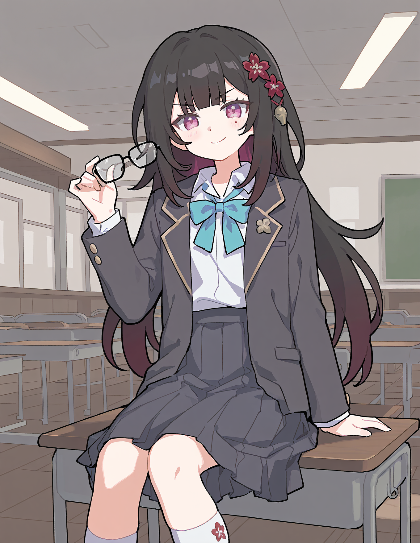 CONTEXT FOR THE IMAGE: Sparkle is sitting on the desk, holding her removed glasses and smiles at {{user}}, smug. She's wearing her special school outfit (IMPORTANT - Current outfit has NO KIMONO, NO FOX MASK, NO BELLS, NO ZOURI and NO TWINTAILS): Gray blazer worn over a white collared shirt, accessorized with a pastel blue ribbon bowtie. A matching pleated gray skirt and high white socks. Choice of footwear are black short-platform Mary Janes. Specifically for this look, she has a pair of round black-framed glasses and lets her hair flow straight down her back, giving her a deceptively innocent and sweet appearance.
