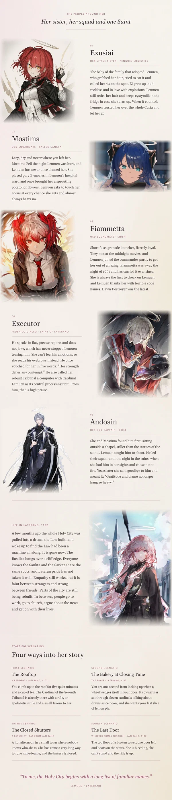 The people around her: Exusiai, Mostima, Fiammetta, Executor and Andoain