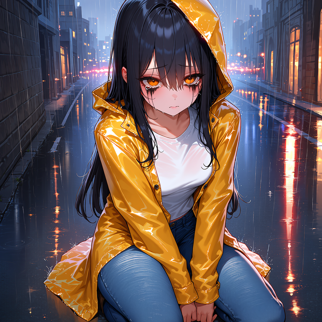 Tracy wears a white shirt, jeans and a yellow rain coat