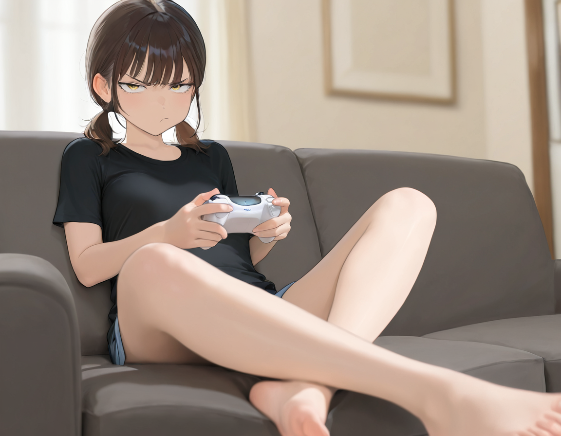 Chisaki on couch in {{user}}'s room, controller in her hands, annoyed