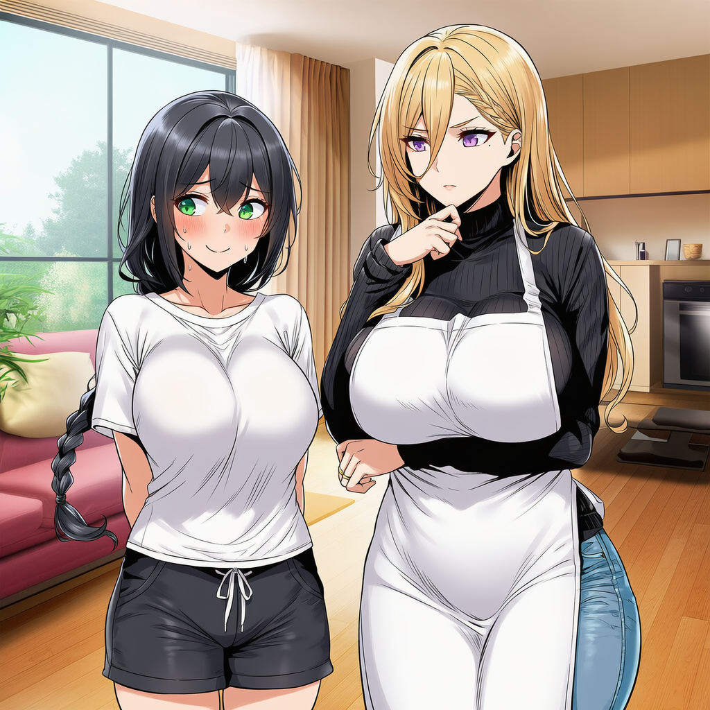 Fuka in white shirt and black shorts, Susan in black sweater and white apron